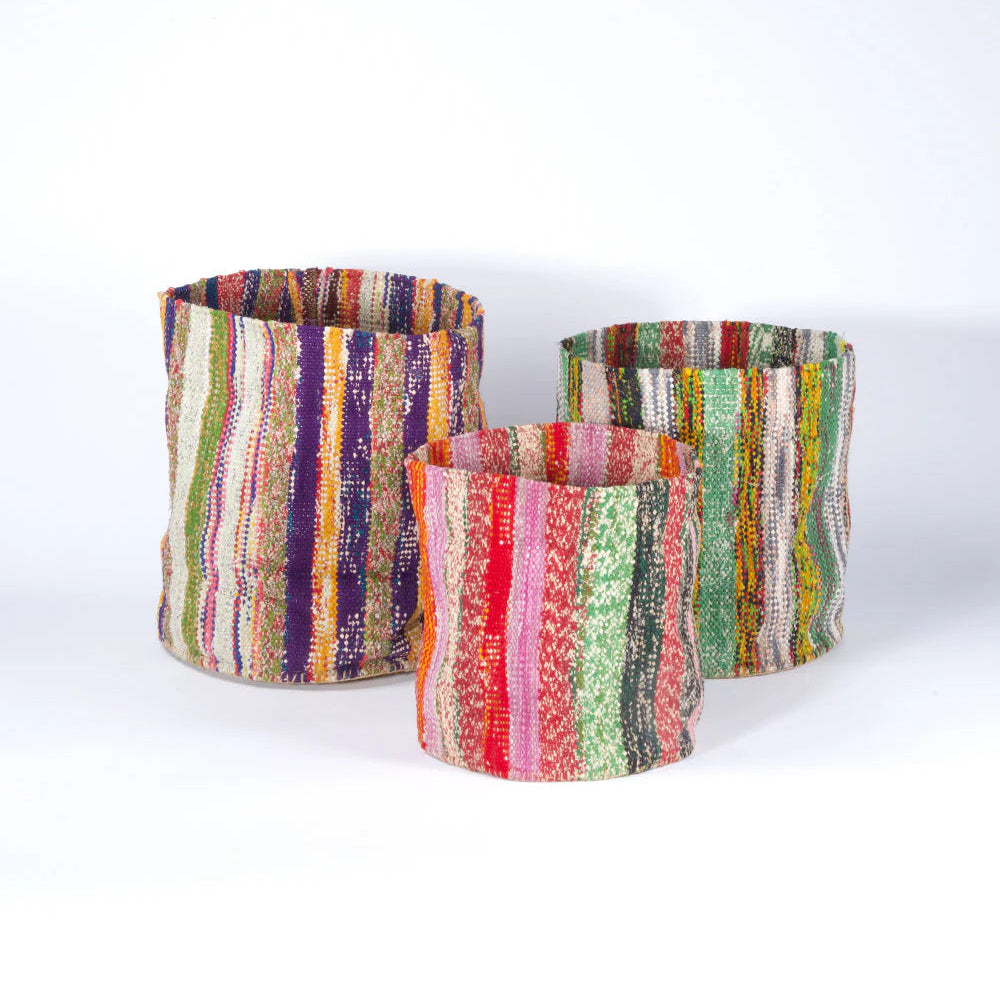Upcycled Saree Kilim Folding Basket, Set of 3