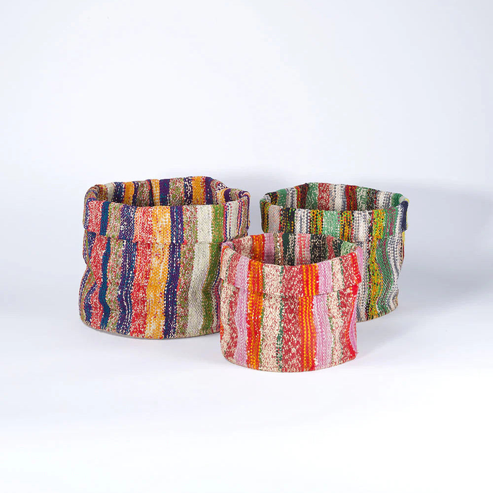 Upcycled Saree Kilim Folding Basket, Set of 3