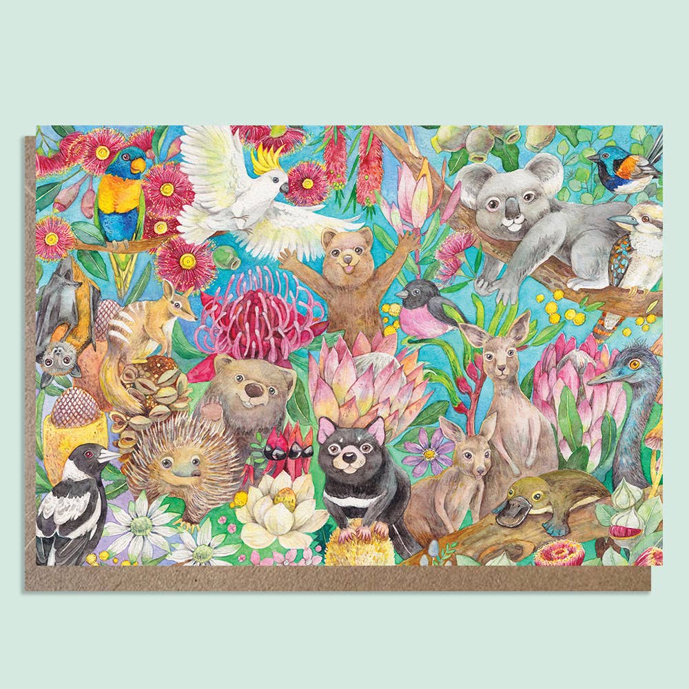 Watercolour Australian Animal Family Greeting Cards, Eco Card, Illustration Art Card Print, Australia