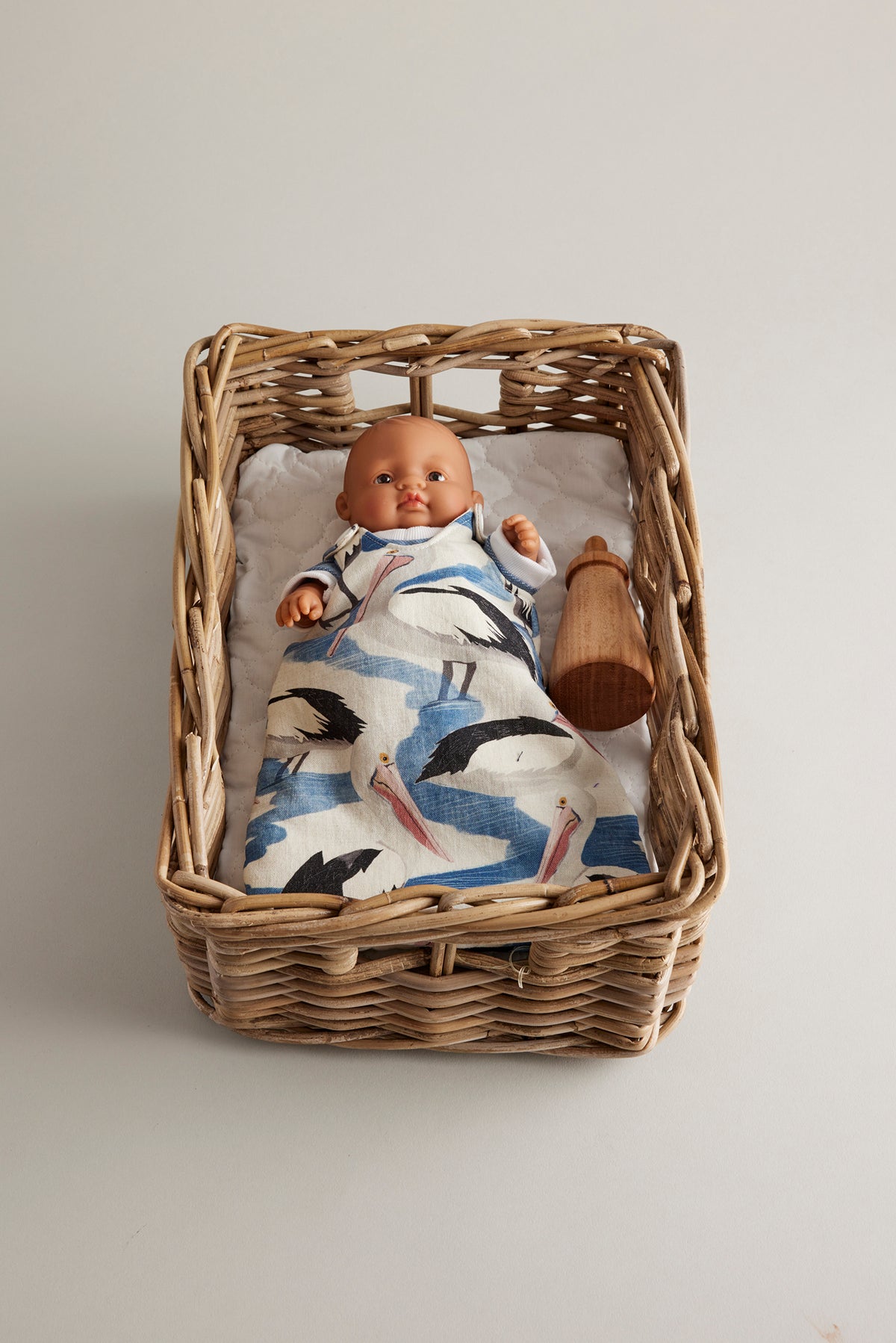 Doll Basket, Dressed 21cm Doll, Bottle and Sleeping Bag