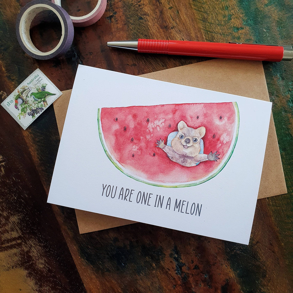 Australian Quokka Greeting Card // You Are One In Melon // Love Card, Eco Card, Illustration Art Card Print, Australia